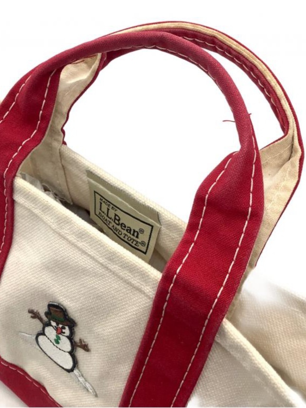 L.L. Bean Vintage Cream Canvas Boat and Tote with Red Trim and Snowman Patch - Picture 7 of 9